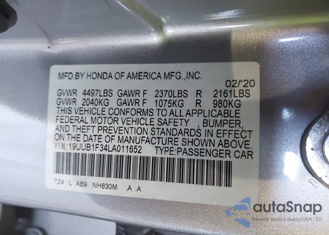 2020 Acura Tlx Standard from USA, damaged, VIN 19UUB1F34LA011652